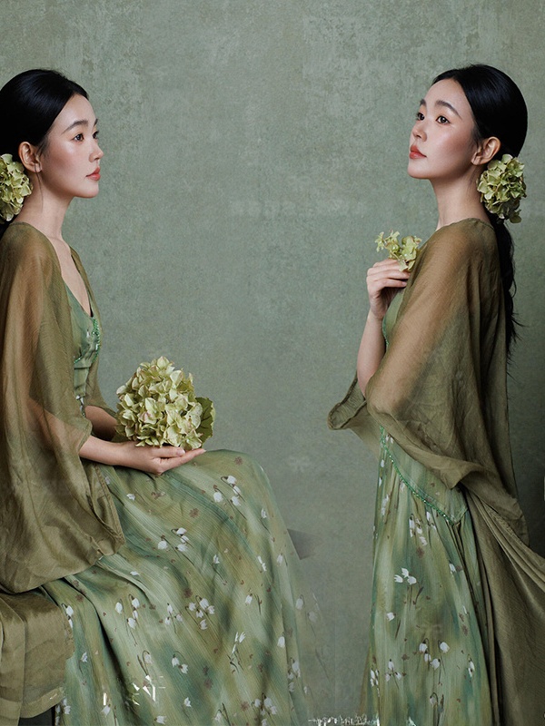 Photography Zen - 新しい 2026 春中国風禅気分ナショナルトレンドドレスグリーンストラップ女性の写真撮影服エスニックステージ衣装