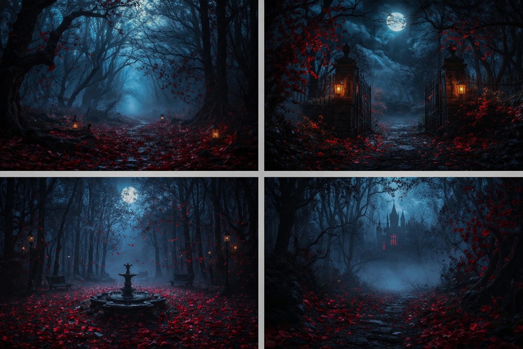 Photography Dark Cloth - 暗い森月光赤い葉ゴシック神秘的な背景幕コンピュータプリントハロウィン写真スタジオ背景