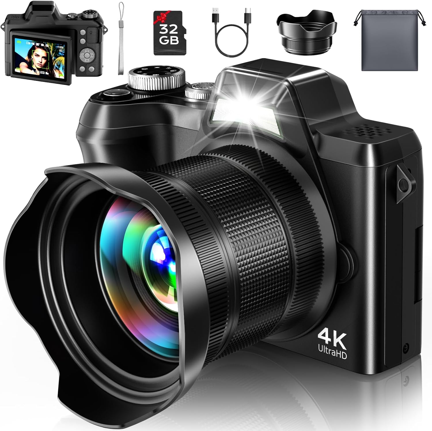 Photography Zoom - 4Kトラベル写真デジタルカメラ、56MPオートフォーカスVlogカメラ、YouTubeに最適、16倍ズーム、3インチ180度フリップスクリーン、レンズフード、32GBカード付き、ティーンエイジャーや初心者への素晴らしいギフト