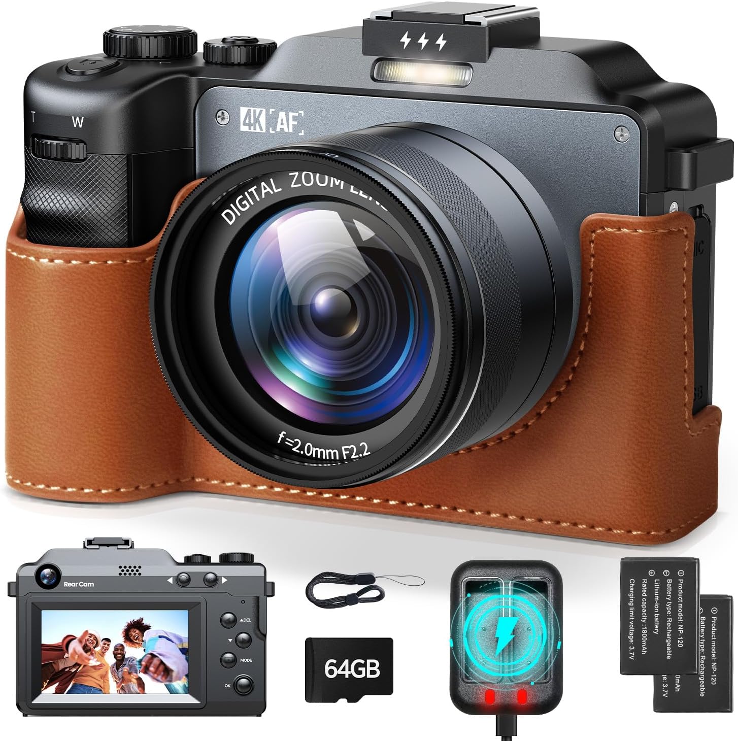 Photography Of Memories - 64MPオートフォーカス4Kビデオブログカメラ、デュアルレンズ18倍ズーム、3インチLCDスクリーン、内蔵フラッシュ、コンパクトなポインツアンドシュートトラベルカメラ、64GBメモリカードと2つのバッテリー付き