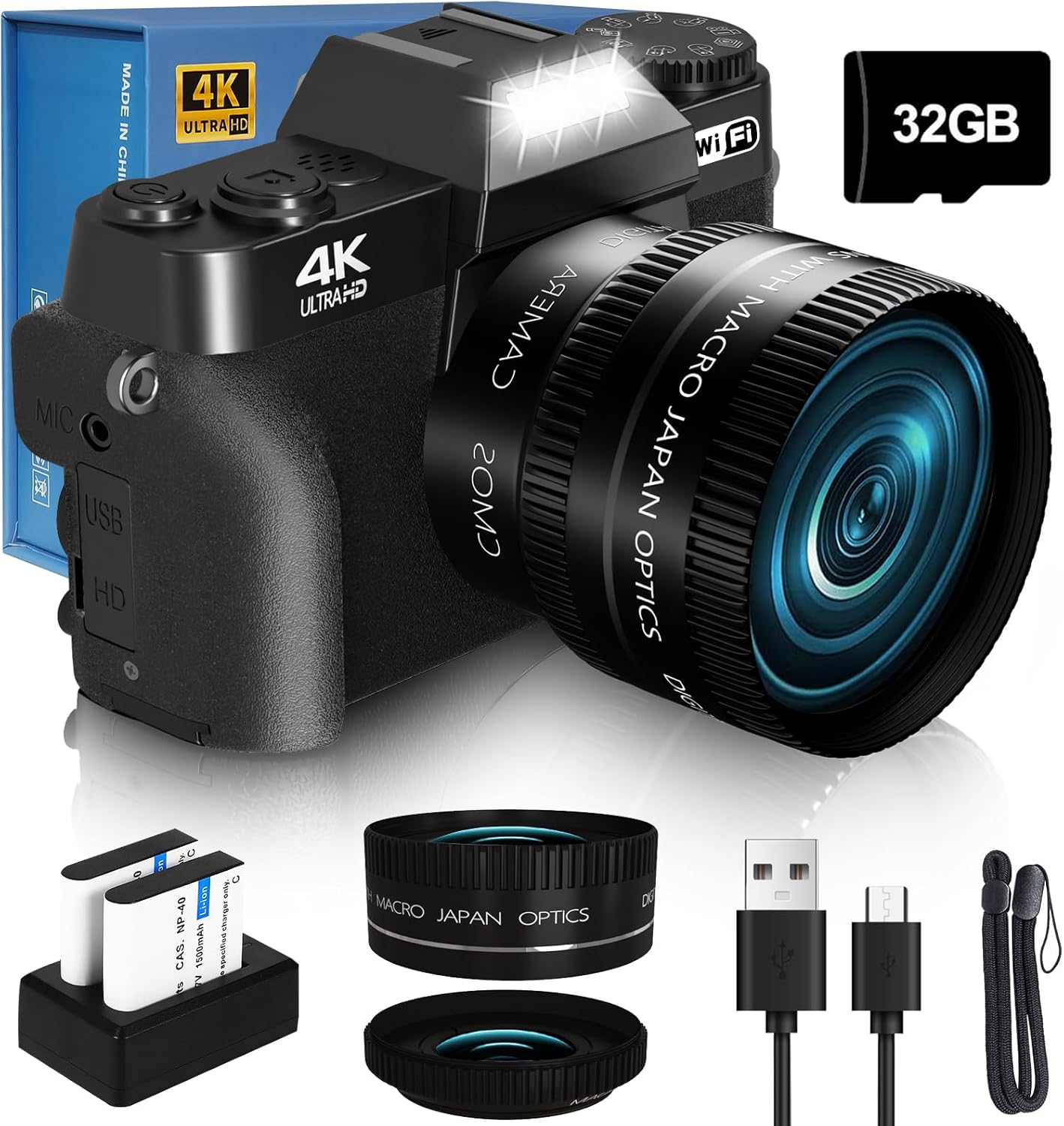 Photography Zoom - WiFi搭載のVlog撮影・写真撮影用デジタルカメラ、180 ° フリップスクリーン、16倍デジタルズーム、52mmレンズ、バッテリー2個、32GBマイクロSDカード、アップグレードされた2026年モデル（ブラック）
