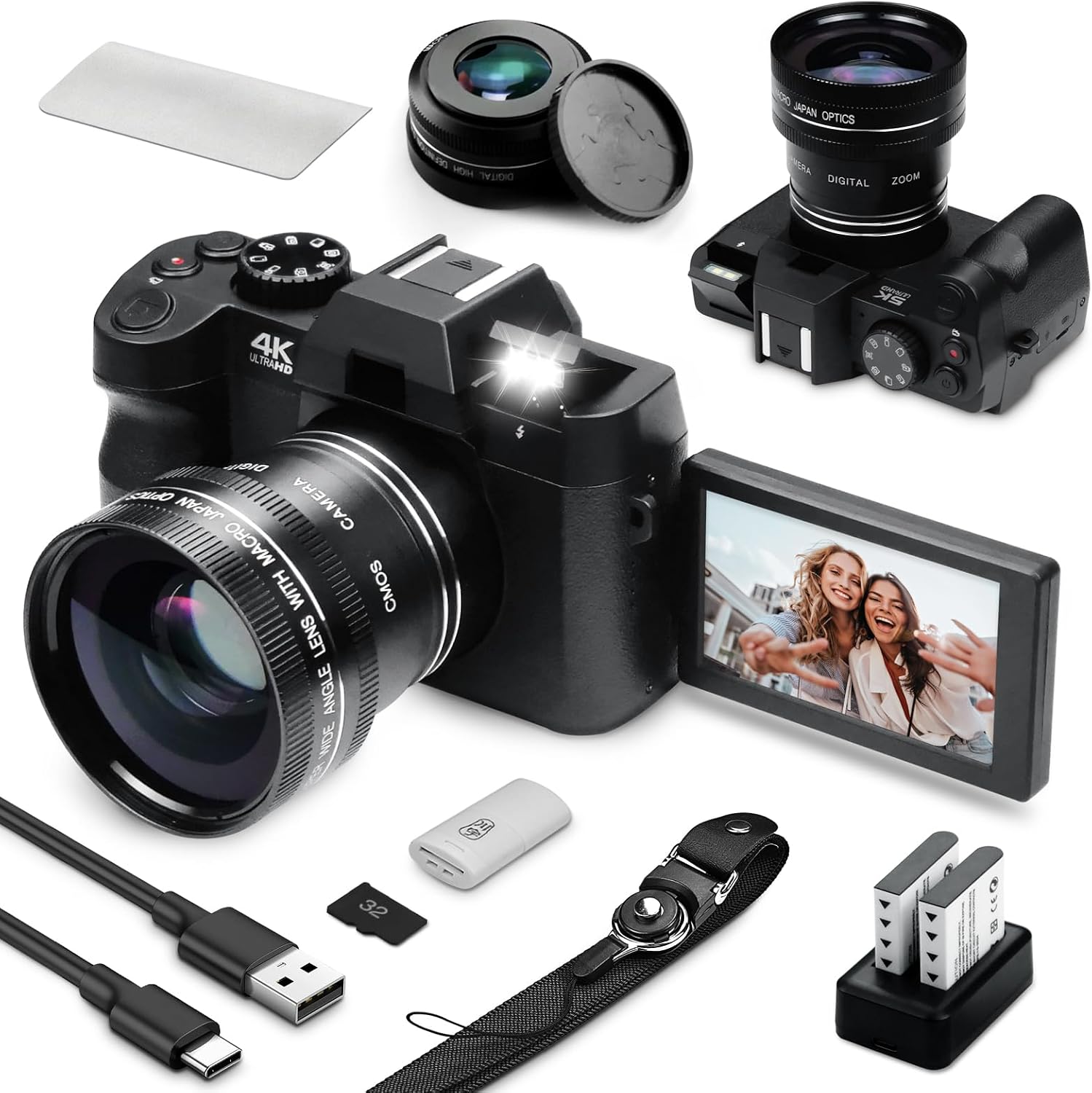Photography Zoom - 48MPデジタルカメラ WiFiとオートフォーカス機能搭載、フリップスクリーン、16倍ズーム - Vlog、YouTube、写真撮影に最適、32GBマイクロSDカードとカードリーダー付き