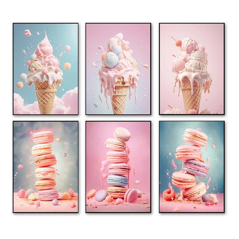 Photography Of Food - フレームなしピンクフードアイスクリームマカロンポスターとプリントキャンバスプリントパリウォールアートピクチャー女の子の部屋デザートショップ装飾用