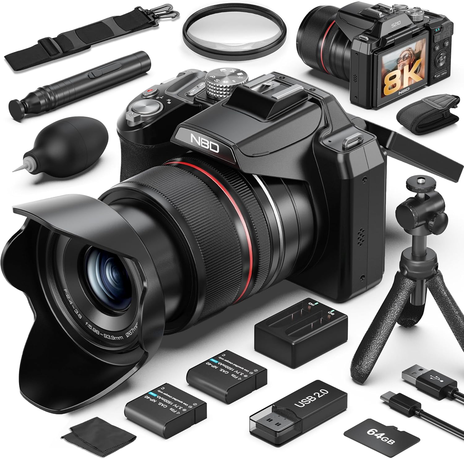 Photography Zoom - プロ仕様8K 64MPデジタルカメラ、48倍ズーム（16倍光学＆3倍デジタル）、ムーンモード、180度 ° フリップスクリーン、WiFi、マイクロHDMI、64GBメモリカードとバッテリー2個付き、YouTube Vlog用カメラ（ブラック）