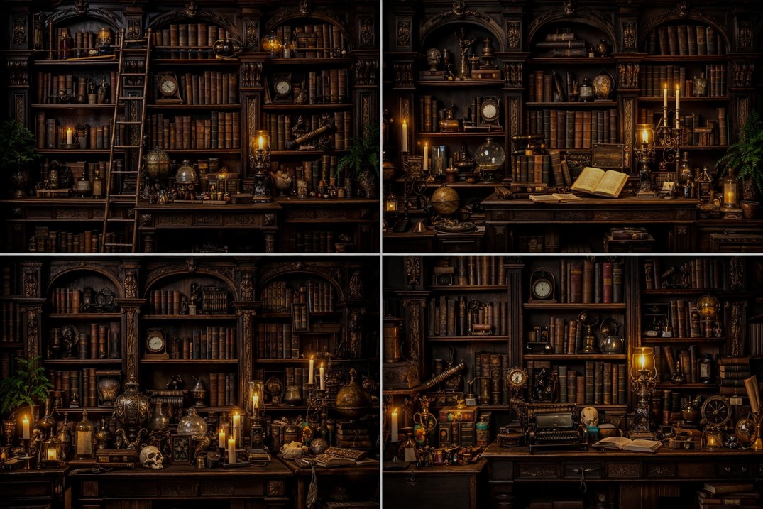 Photography Dark Cloth - ヴィンテージ図書館の本、キャンドル、アンティーク、ダークアカデミア、学習、ムードのある背景、コンピュータープリント、壁、写真スタジオの背景