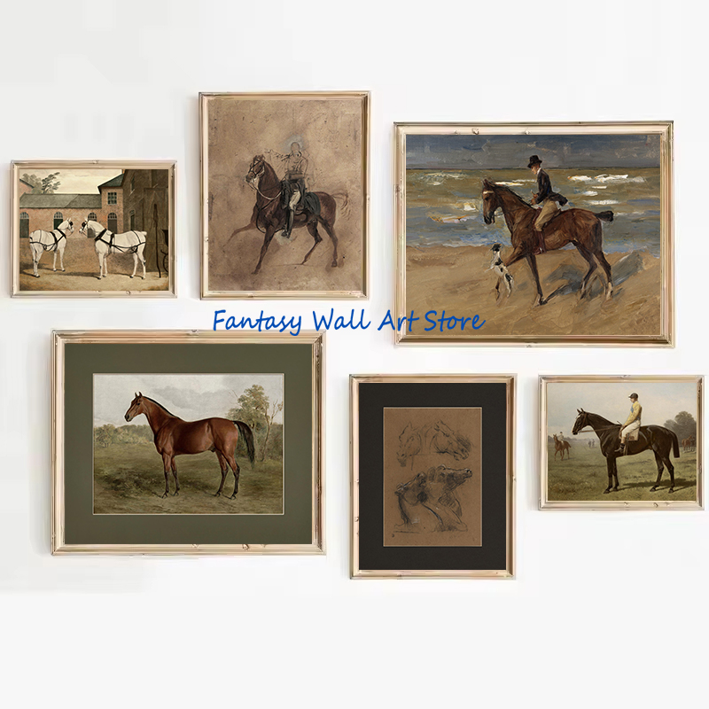 Photography Fine Art - ヴィンテージ馬アート ヴィンテージスタイル油絵 素朴な農家風競馬スケッチ レトロ美術ポスター キャンバス絵画 壁飾り