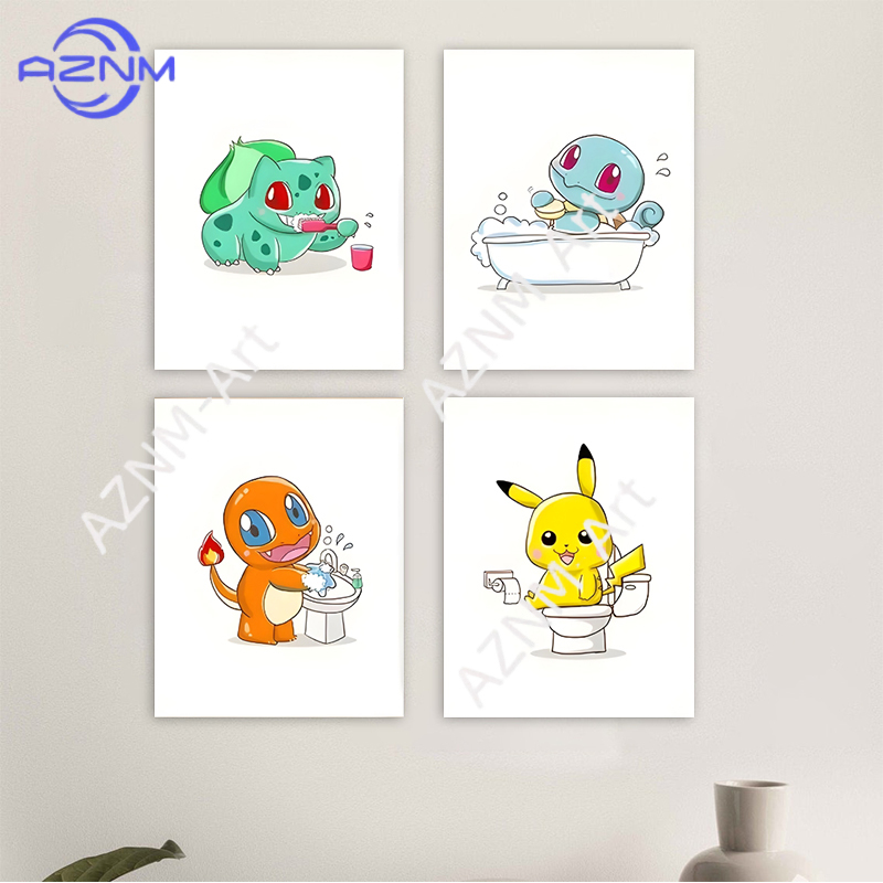 Photography Gallery - ポケモン漫画面白いキャンバス絵画ピカチュウフシギダネアニメポスター壁画写真壁アート浴室美的装飾 Cuadros