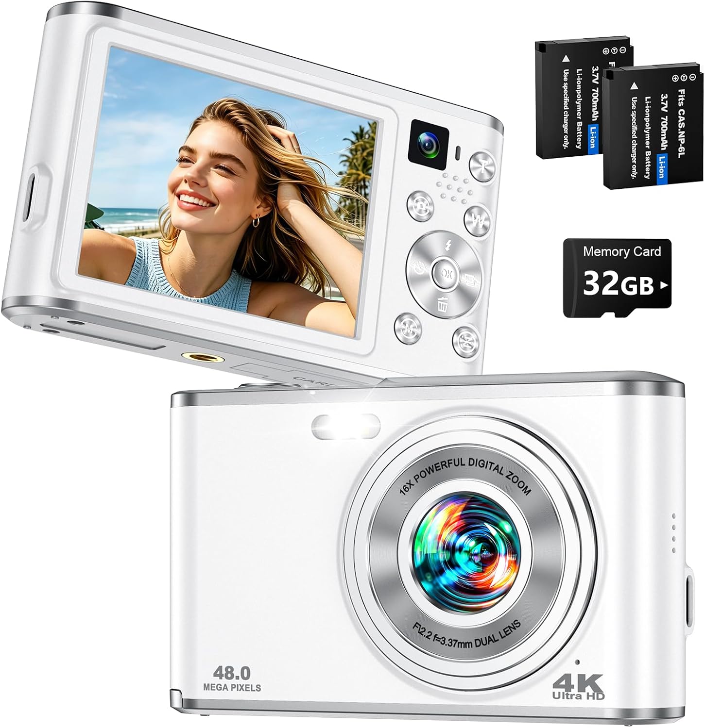 Photography Zoom - 4Kデジタルカメラ（Vlog撮影・写真撮影用）、48MPオートフォーカスコンパクトデジタルカメラ（デュアルセルフィーレンズ搭載）、16倍ズームポータブルVlogカメラ（初心者YouTuber向け）、32GBカード付属