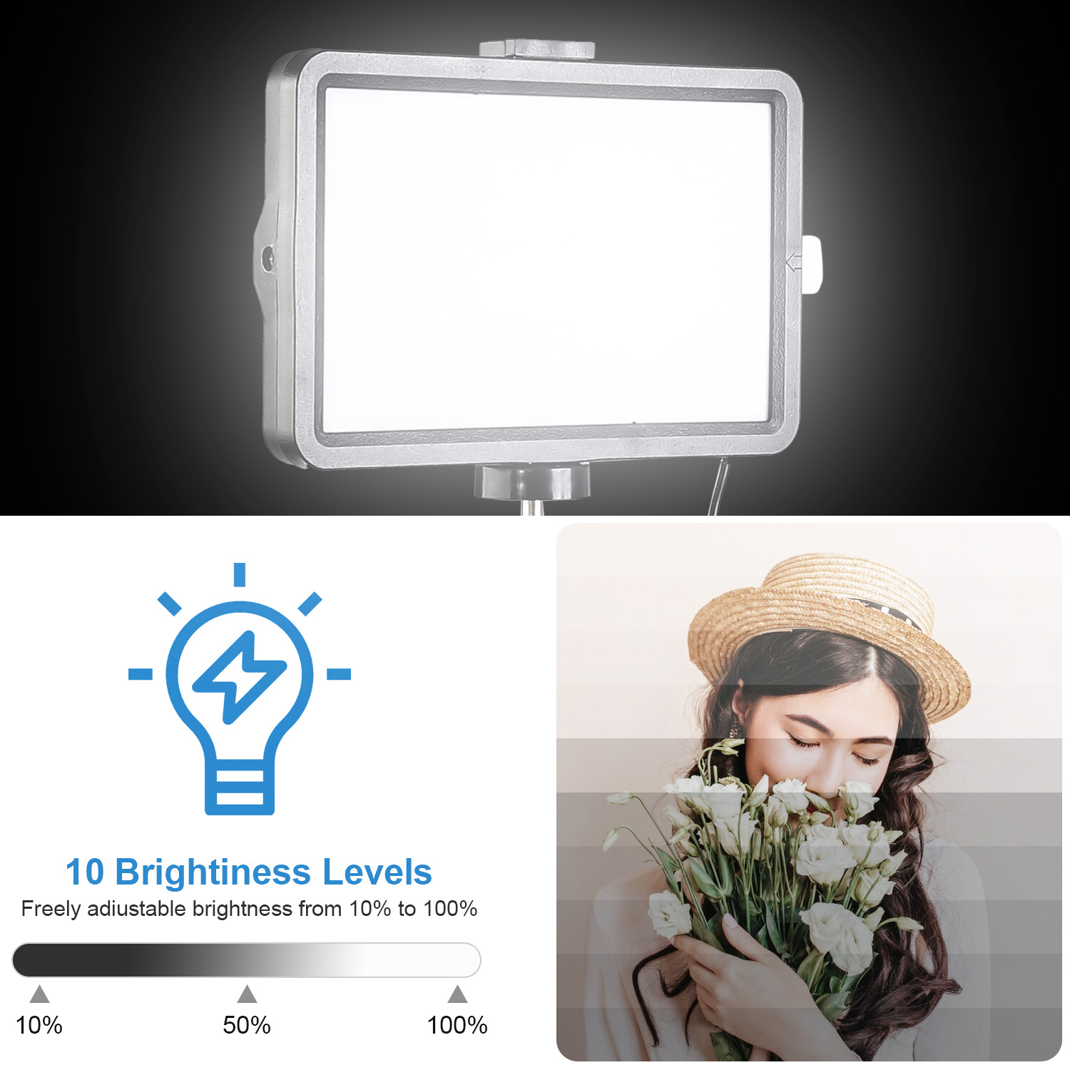 8インチ角型LEDフィルライト、43インチ調整可能なスタンド - Photography Zoom のレビューと価格