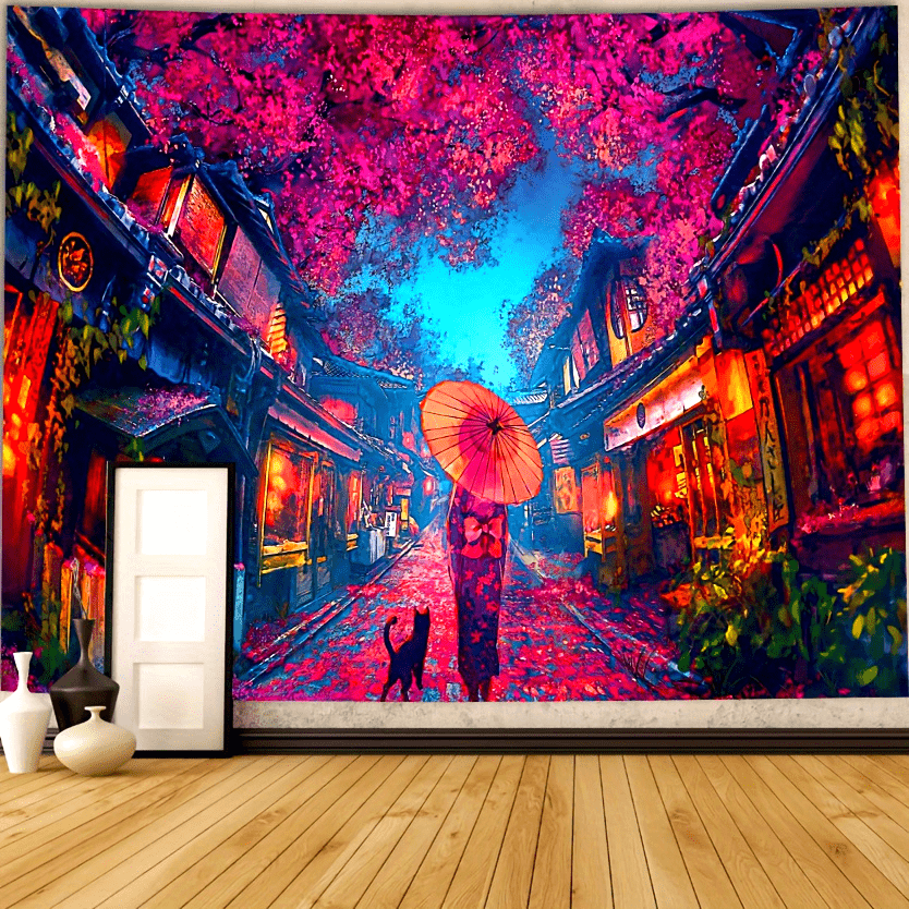 VIKAMA サイバーネオン桜ストリートタペストリー背景布、 - Photography Urban のレビューと価格